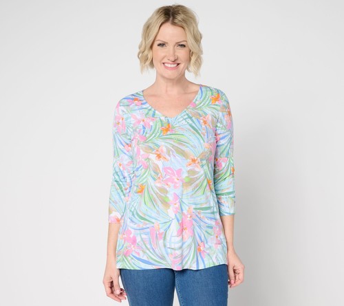 Quacker Factory Fantasia Printed V-Neck 3/4 Sleeve Top Blue Multi 1X New