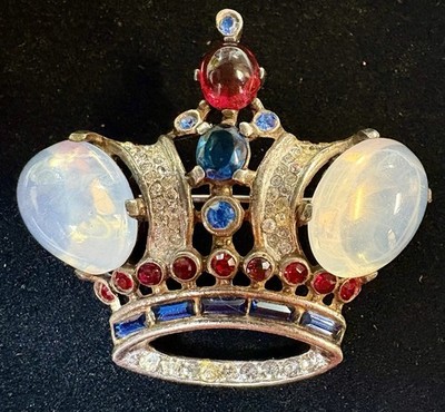 1940s Alfred Philippe Trifari Sterling Rhinestone JellyBelly Crown Brooch (J-2)