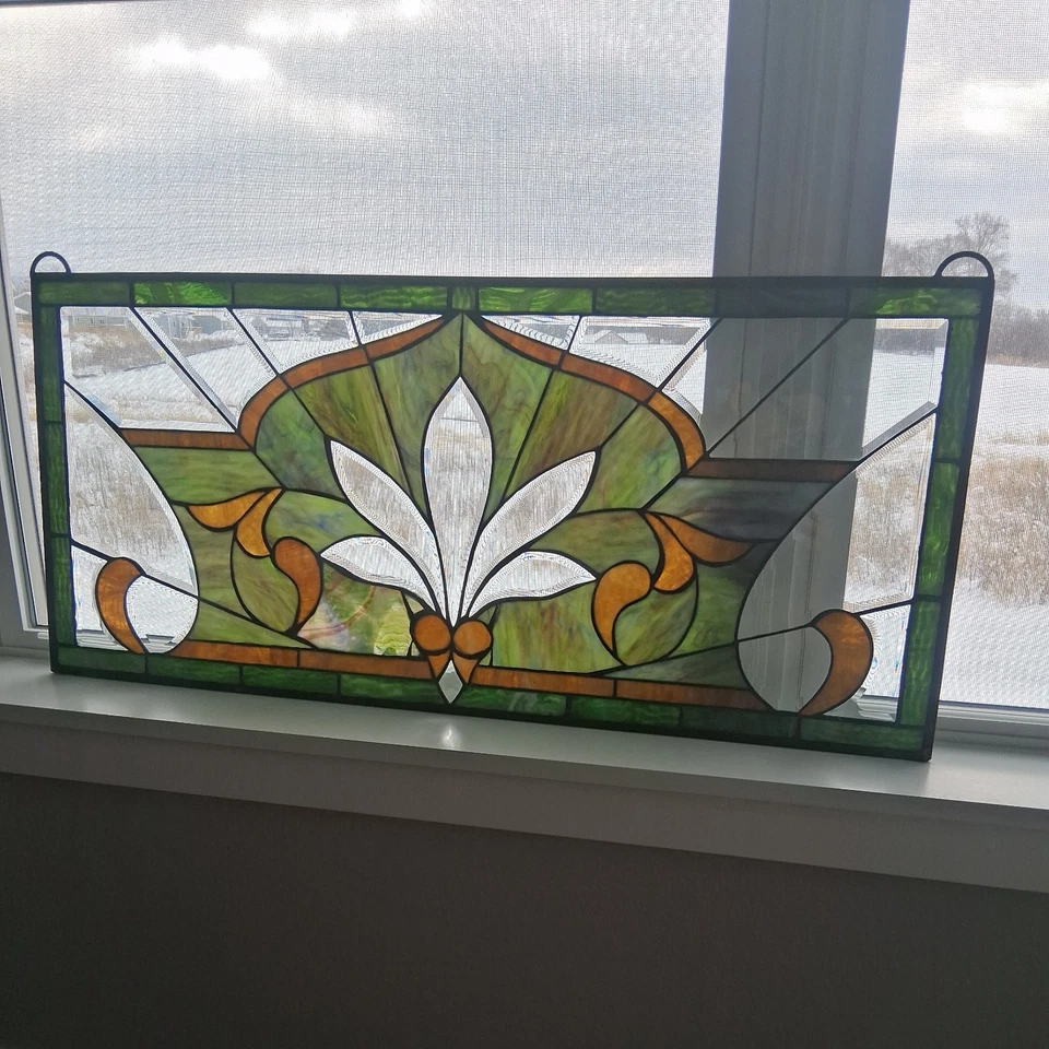 Leaded Stained Glass Transom Window Lotus Flower 36.5 x 16.5 Inches Window Panel - Image 3 of 4
