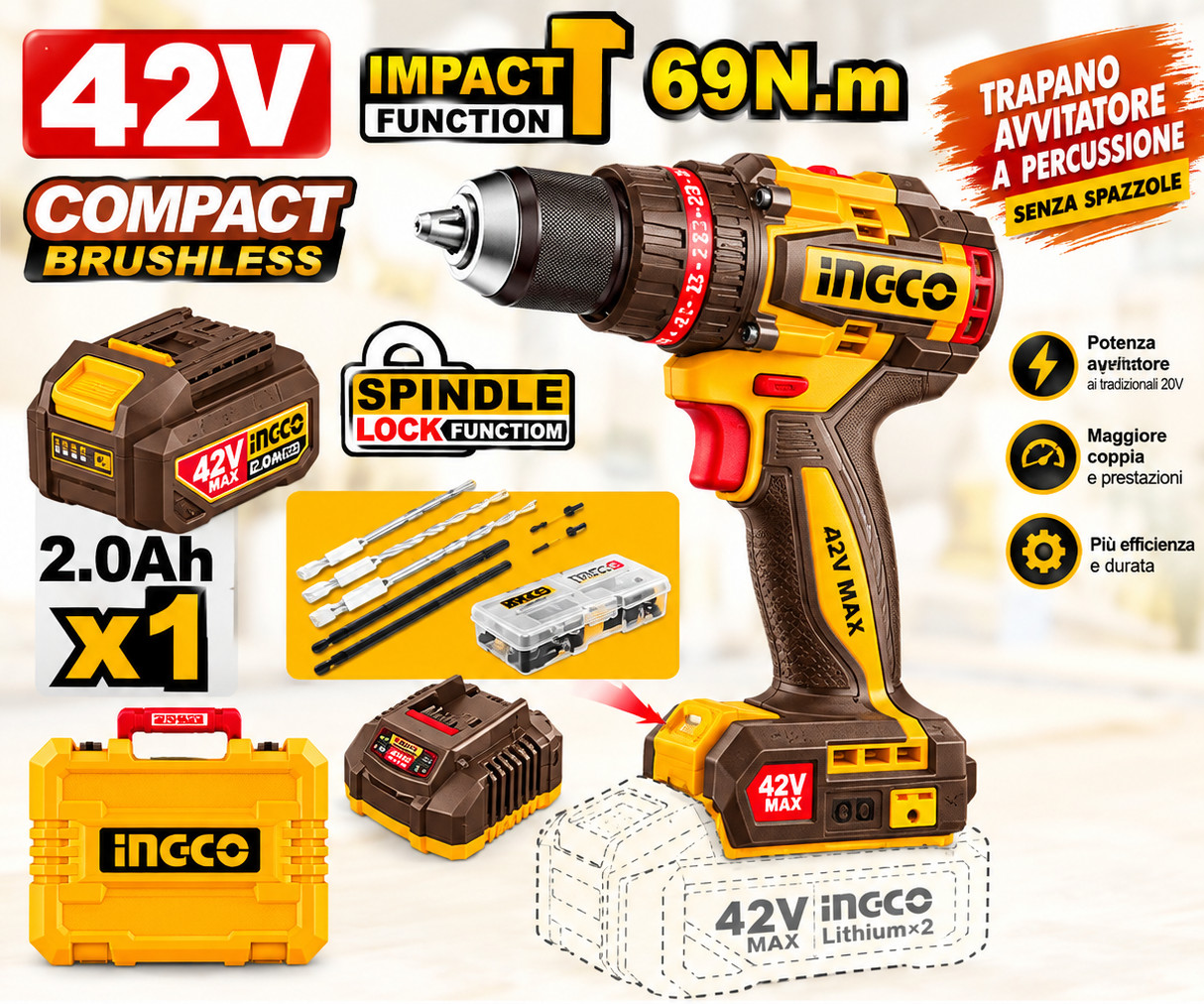 Trapano Avvitatore con Percussione 42V Brushless INGCO Linea Professionale