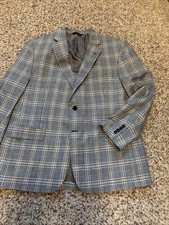 Brooks Brothers New Linen Blend Blue Plaid Blazer Jacket Sz 46R Madison Fit