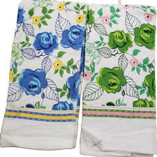2 Different Printed Kitchen Terry Towels 15"x25" GREEN,BLUE FLOWERS LEAVES,AM