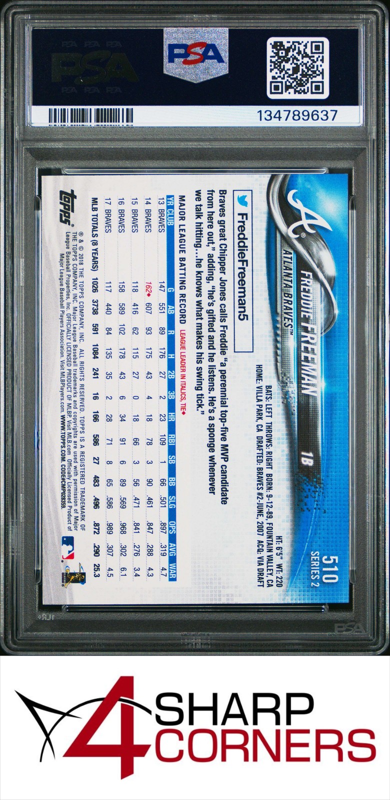 2018 TOPPS #510 FREDDIE FREEMAN BRAVES BATTING PSA 10 view 2