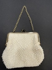 Vtg. Little Girls White Beaded Purse Kiss Lock 4.5  x4.5  