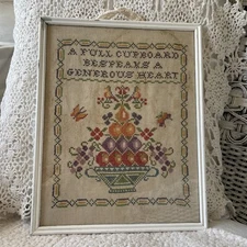 VTG Old Cross Stitched A Full Cupboard Colorful Cottage Core Granny Chic Fruit