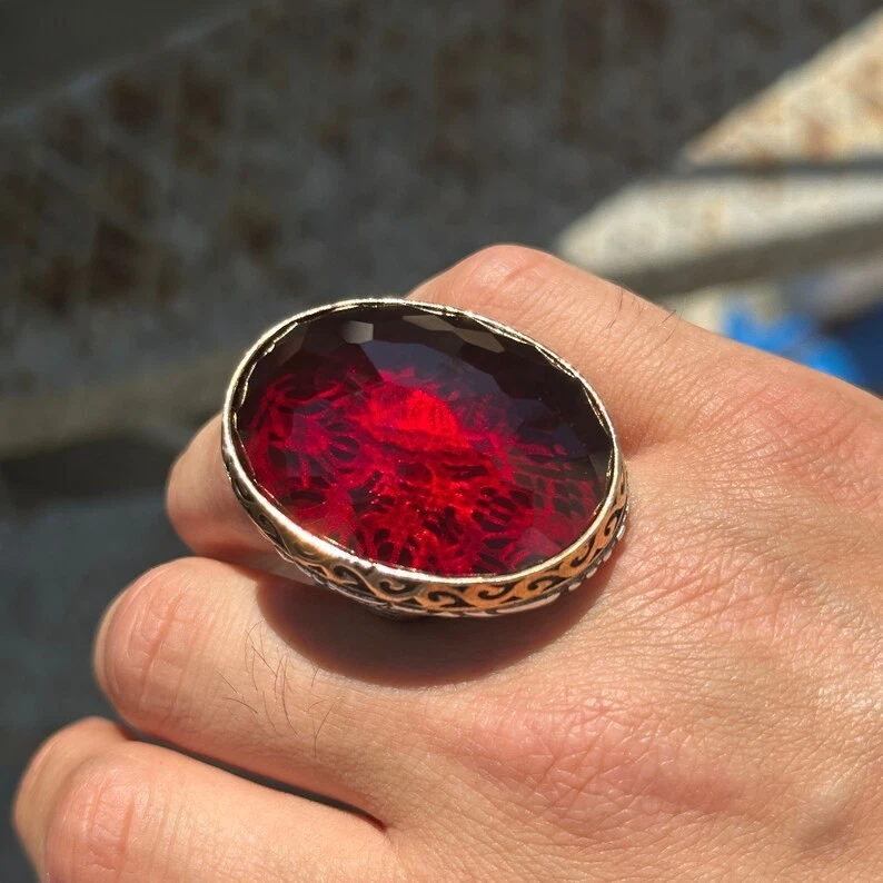 Anel masculino de prata esterlina 925 feito à mão grande de pedra rubi zircão - Imagem 3 de 4