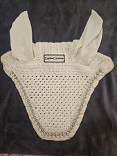 Equine Couture (Size FULL) White Fly Bonnet With Crystals, Rope, And Pearls