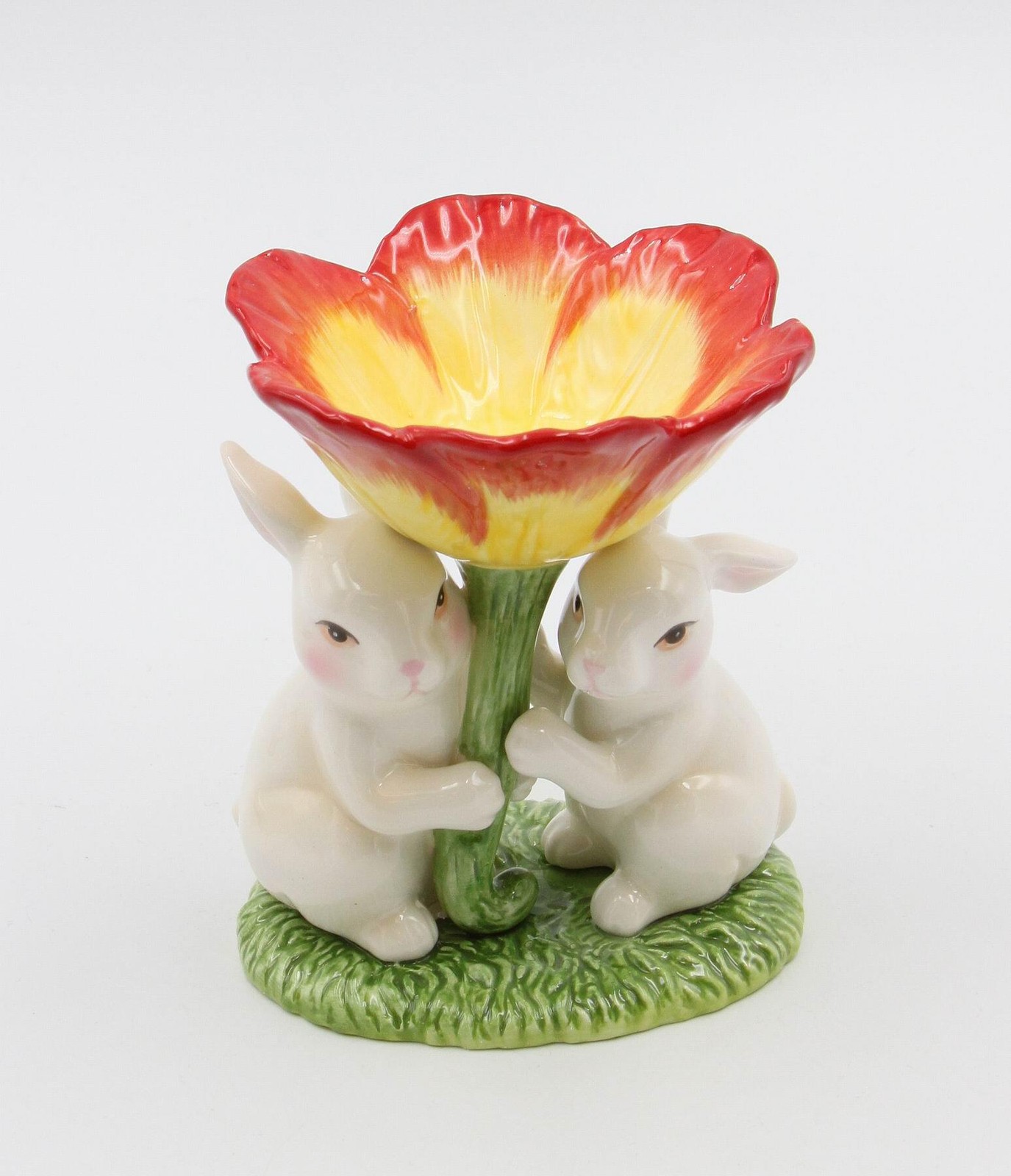 Ceramic Easter Bunnies Holding Red Flower T-Light Candle Holder, Home D&eacute;cor, Gif