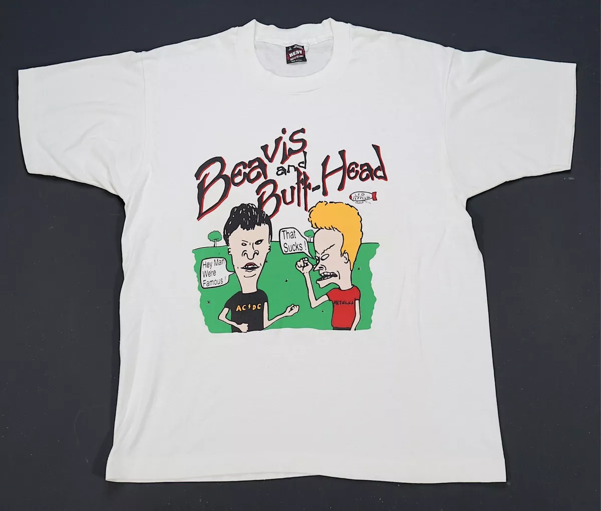 Rare VTG Beavis and Butthead Famous AC/DC Metallica Led Zeppelin T Shirt 90s L