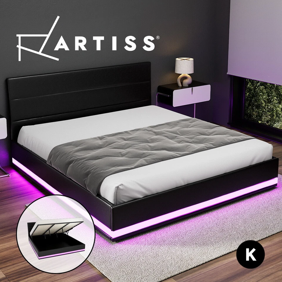 Artiss Bed Frame King Size RGB LED Gas Lift Storage Mattress Base Black LUMI