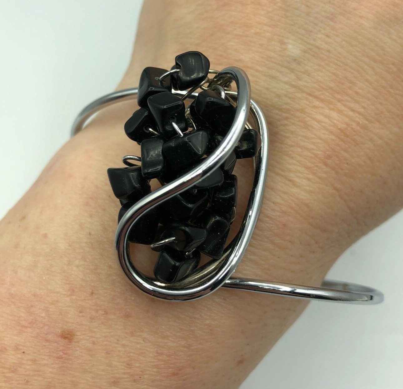 Statement Bangle Silver Tone & Black Stone Y2K Ch… - image 1