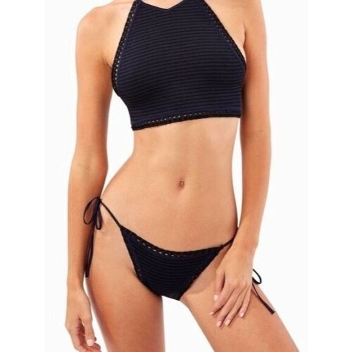 Solid & Striped Bikini Bottom Women Small Blue Black Knit Tie Side The Clara NWT