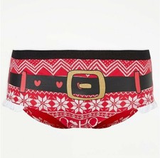 Womens Santa Belt Print Christmas Red Short Soft Knickers Brand New