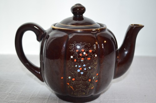 Vintage Japanese Tea Kettle Brown and Orange with Flowers and Gold Details - Picture 6 of 22