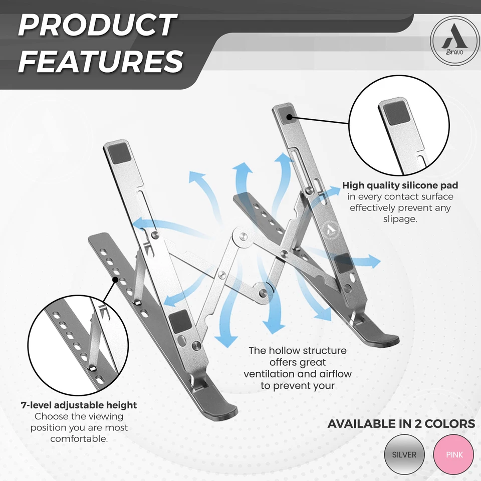 ABravo Anti-Slip Aluminum Ergonomic Universal Laptop Stand, 7 Angles Adjustable - Image 3 of 4