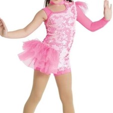 Weissman Dance Costume Asymmetrical Side Bustle Biketard Pink Sequin NEW Large