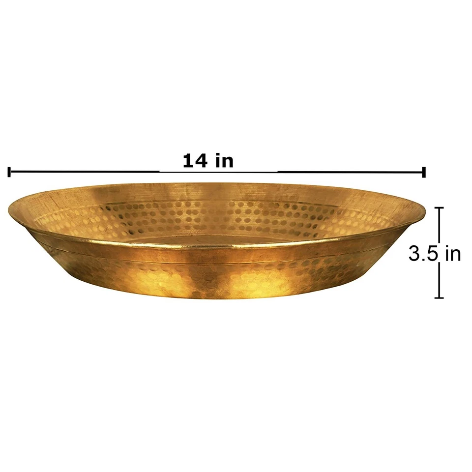 Handmade Brass Hammered Design Kitchenware Serving Food Platter Parat 14'' Gold - Image 3 of 3