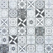 Mosaico Tessere vetro Retro cristallo trasparente bianco nero 63-0103 | 1 foglio
