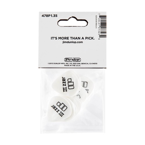 Dunlop 478P135 Tortex Jazz III 3 White 1.35mm 12 x Guitar Picks Player Pack - Picture 2 of 5
