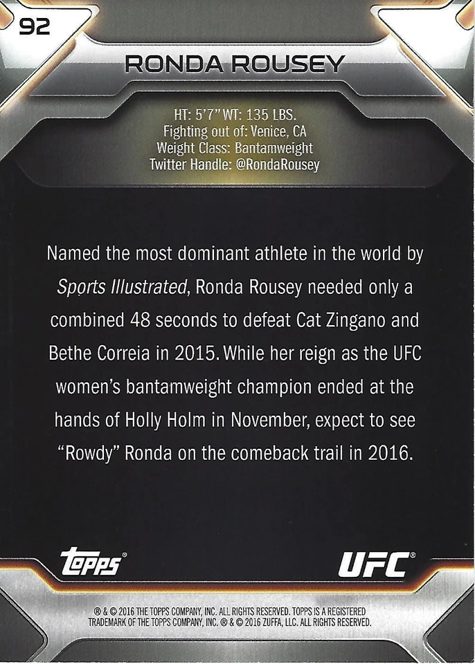 Tarjeta dorada Ronda Rousey 2016 Topps UFC Knockout 5x7 #92 #/d 4/10 WWE StrikeForce Foto 2 de 4