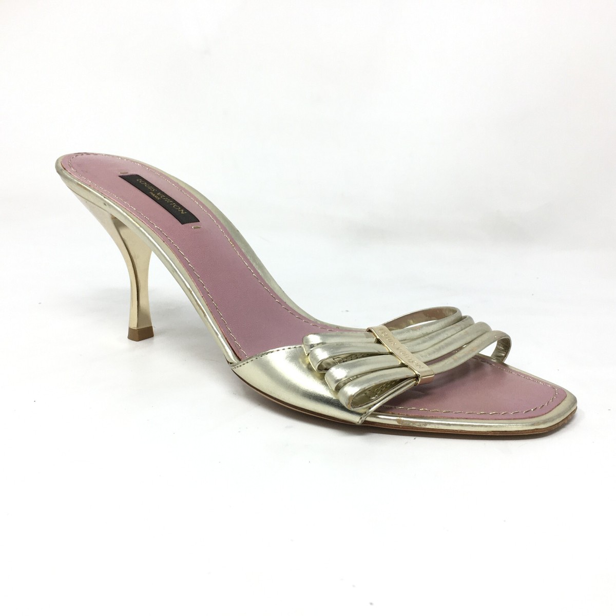 Louis Vuitton Logo Sandals Heels Shoes Womens Size 7 US 37 EU Gold