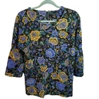 Ann Taylor Womens Sz M Black Blue Floral 3/4 Sleeve Blouse