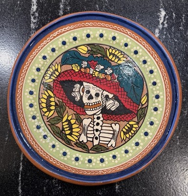 La Calavera Catrina Mexican Pottery Plate 9.75'' Day of the Dead Skeleton Signed