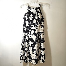Roz and Ali Summer Dress Womens 6 Black White Graphic Floral Sleeveless EUC