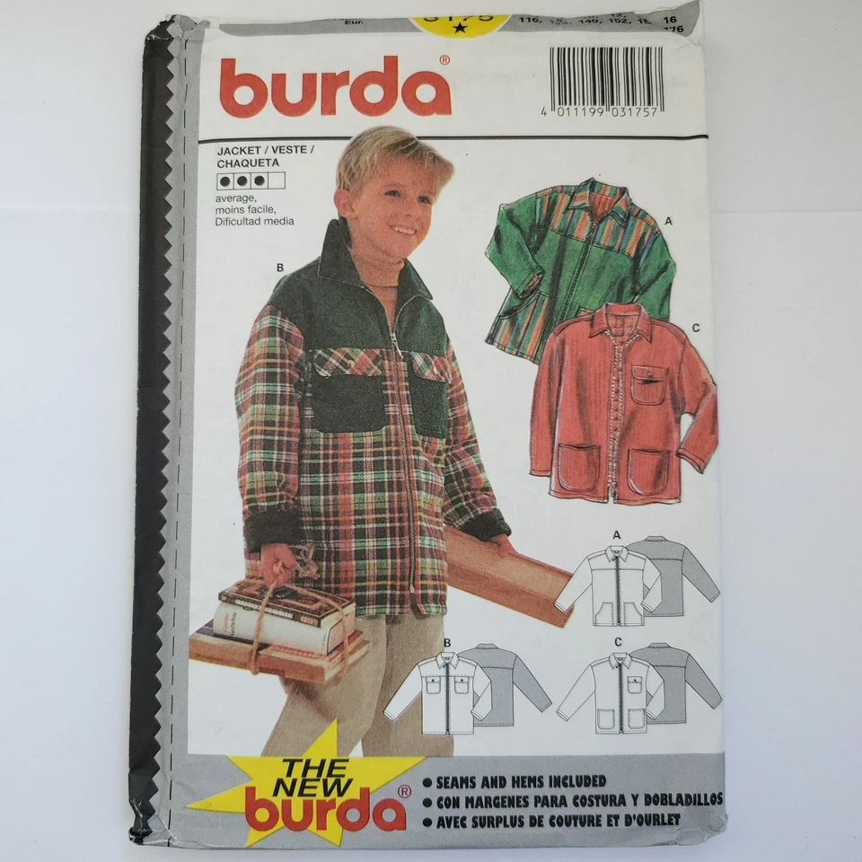 90s Burda Pattern 3175 Boys Jacket Collar Zip Up Barn Chore 6 8 10 12 14 16 - Image 2 of 3