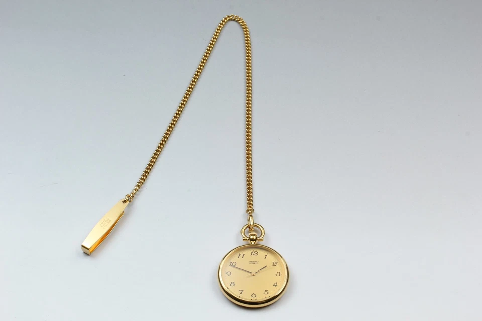 Vintage 1986 N MINT Seiko Pocket Watch 7431-0020 Open Face Gold Qz Mens JAPAN - Image 2 of 4