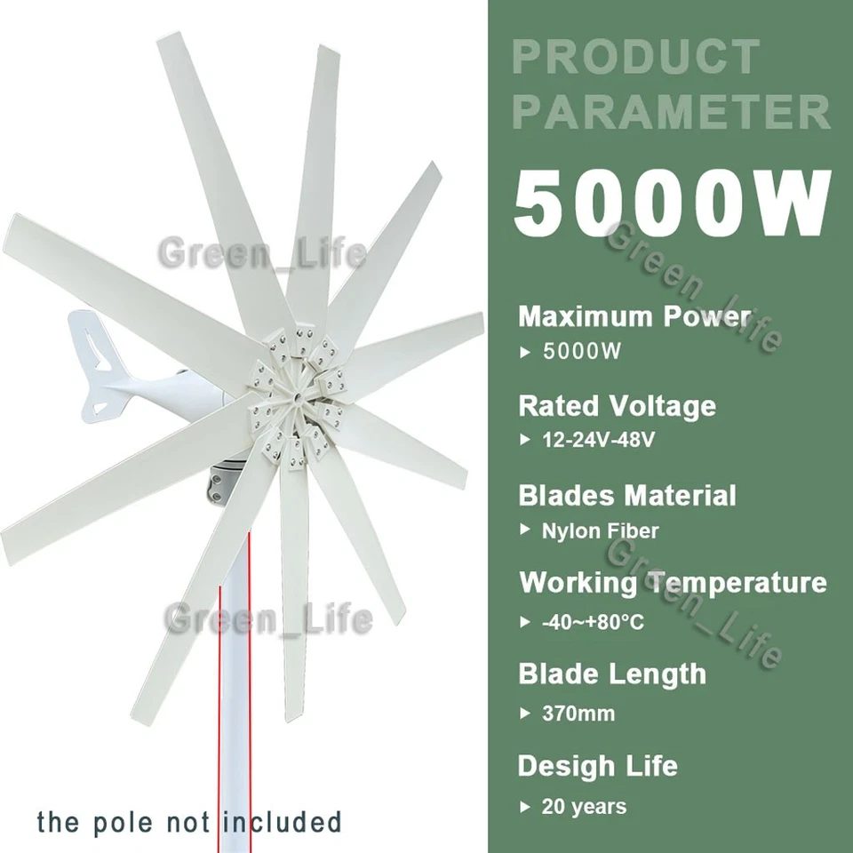 5KW Windgenerator DC 12V 24V 48V Windrad Windkraftanlage Windturbine 10 Klinge - Bild 2 von 4