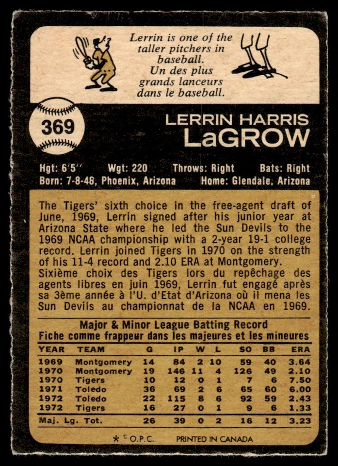 1973 O-Pee-Chee Lerrin LaGrow Detroit Tigers #369 - Image 2 of 2