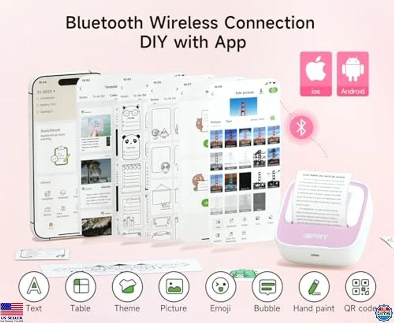 Portable Mini Thermal Sticker Printer with 1 Roll Paper, DIY Label Maker, Pink - Image 2 of 4