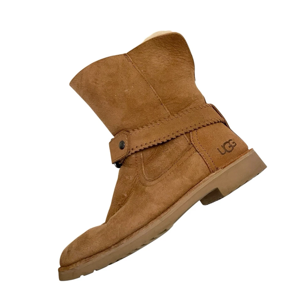 UGG Cedric Biker Suede Boots Women’s Sz 7 Chestnut Brown Leather Fashion Buckle - Image 3 of 4