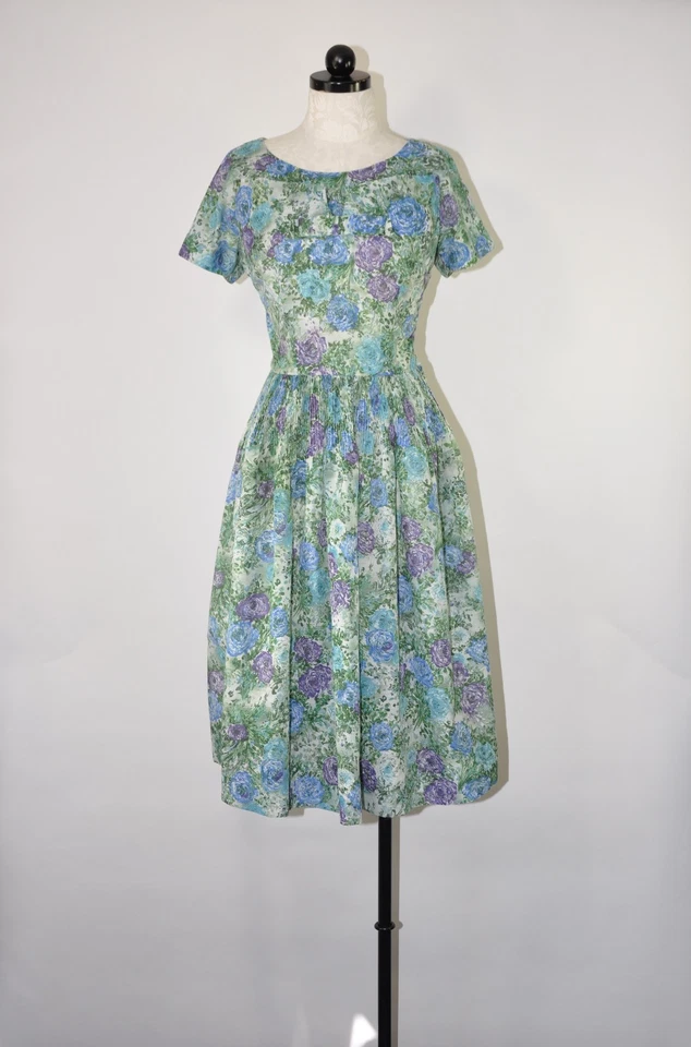 60s Vintage Leslie Fay Green Floral Short Sleeve Fit And Flare Day Dress Women M - Image 3 of 4