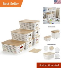 Small Plastic Storage Bins with Bamboo Lids 5.2qt Stackable Box Basket Pantry...