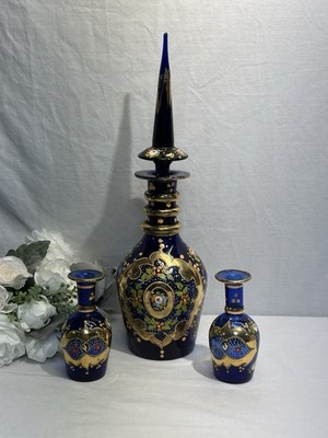 Antique Tall Bohemian Decanter 18.25 H Persian Market Cobalt Blue With 2 Vases