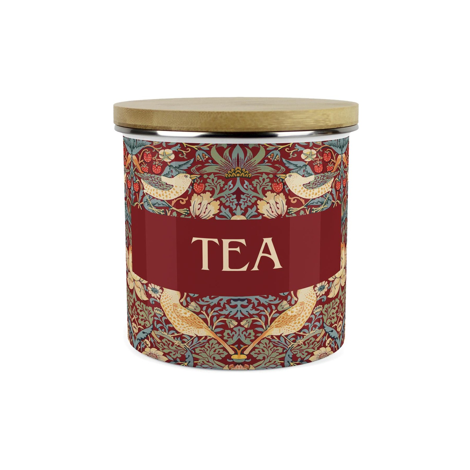 Red Strawberry Thief Tea Storage Canister - Enamel & Bamboo Kitchen Container