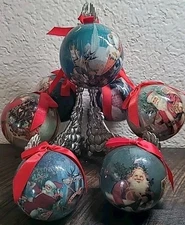 Vtg. 1995 C&F Enterprises Antigue Santas Paper Mache Ornaments Set Of 7. 