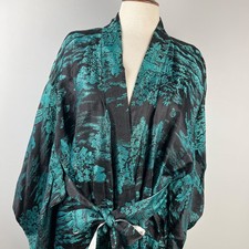 Vintage 70s Japanese Kimono Robe Black Teal Brocade Landscape Asian Motif