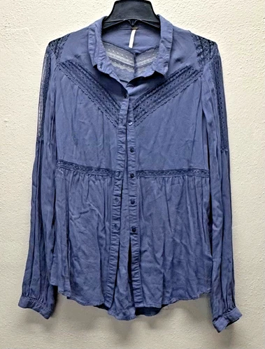 Free People blue button-up blouse Womens Medium Lace Detail long sleeve shirt