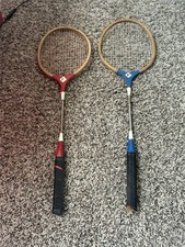 Vintage Pair Badminton Rackets Racquets with Red and Blue Accents Classic Style