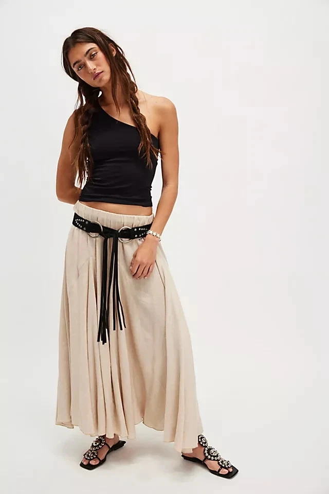 Free People Madras That Solid Linen Maxi Skirt Mid-rise Pull On Beige New XS