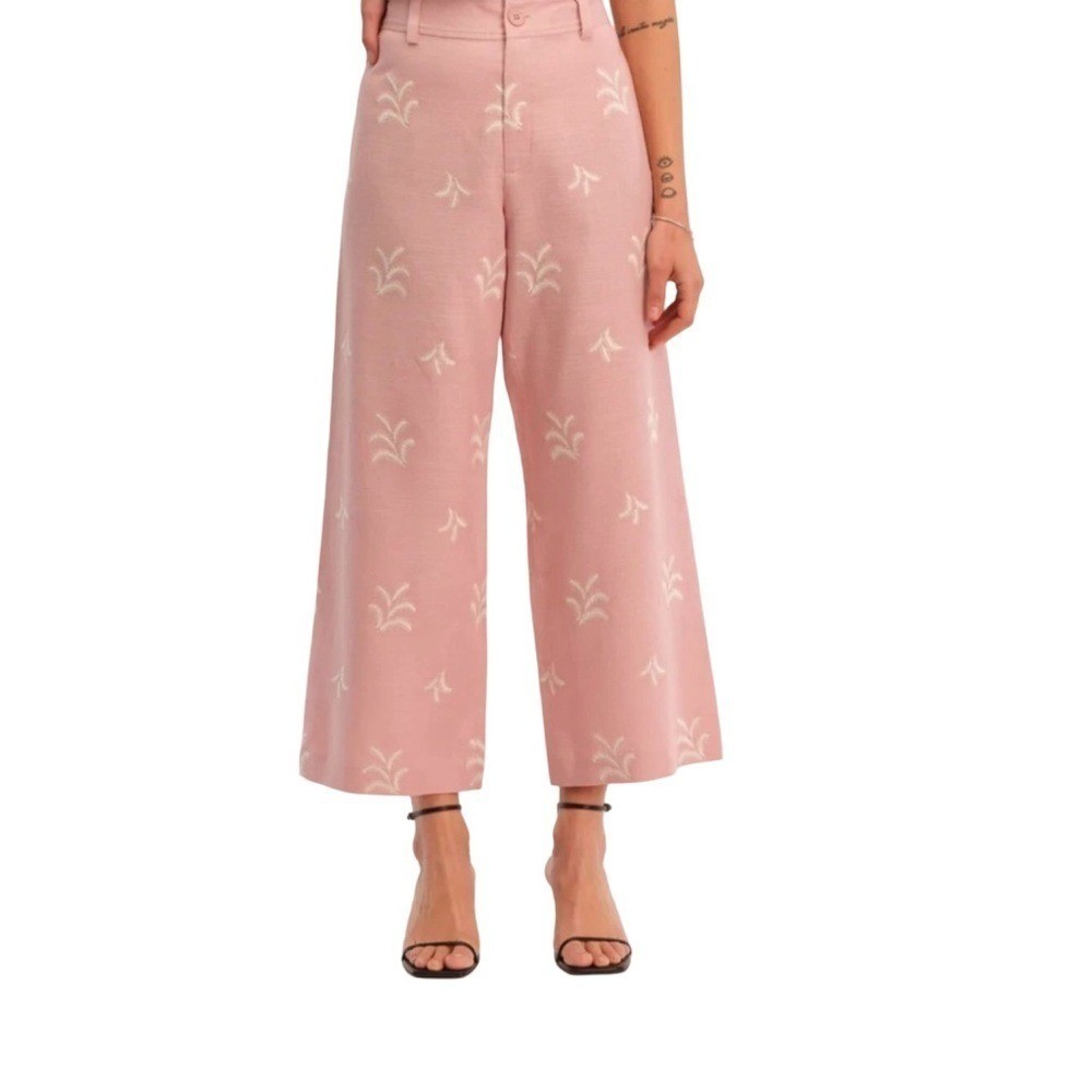 NWT Elie Tahari Womens Linen Blend Pants Wide Leg Embroidered Soft Mauve Size 2