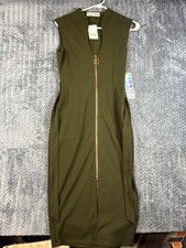 Almost Famous Bodycon Dress Womens Small Olive Green Stretch Belted Zip Front