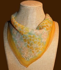Vera Neumann square floral scarf; semi-sheer; yellow, green, pale pink 22x22 in.