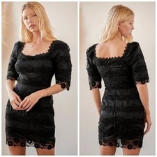 Lulus Black Lace Mini Dress Large Square Neck Puff Sleeve Romantic Cocktail