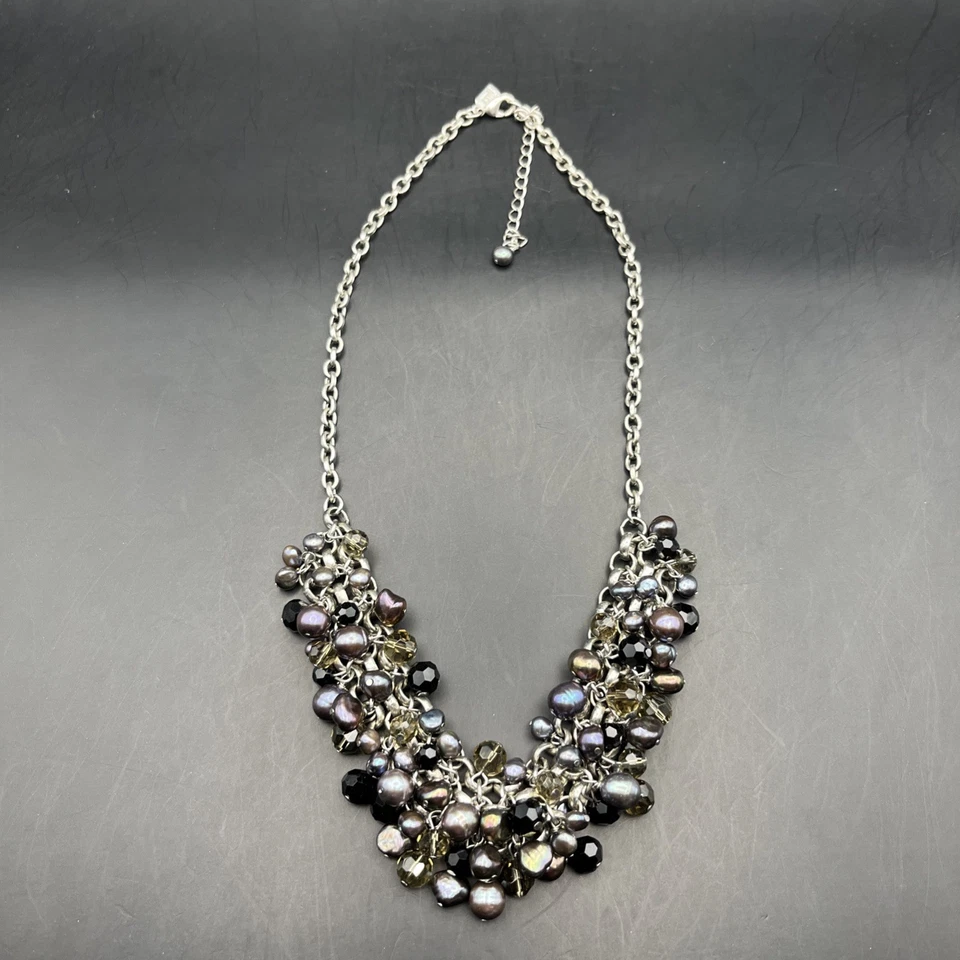 J Jill Pearl Cluster Bib Statement Necklace Blue Gray Freshwater Silver Tone - Imagem 4 de 4