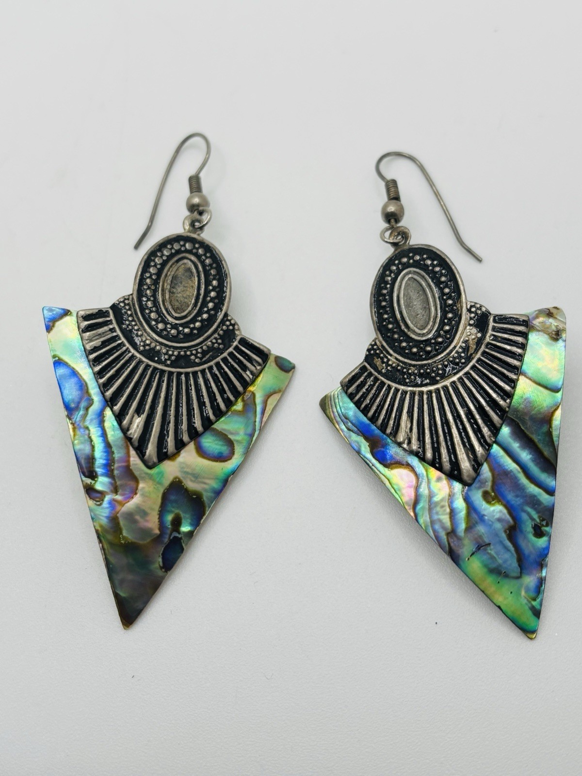 Vintage MOP Abalone Shell Triangle Drop Dangle Ea… - image 4