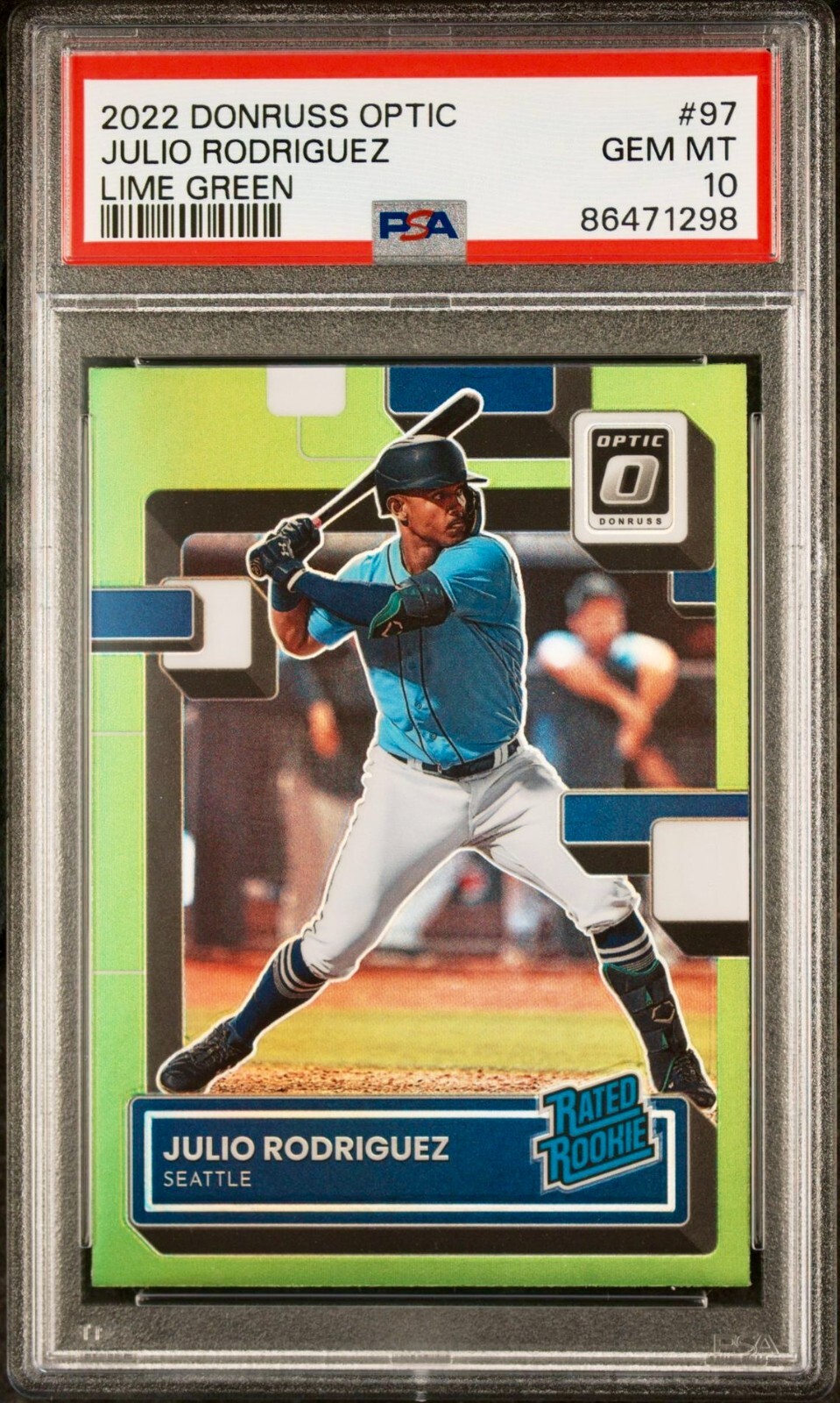 JULIO RODRIGUEZ 2022 DONRUSS OPTIC RATED ROOKIE #97 [LIME GREEN]--PSA 10-SEATTLE